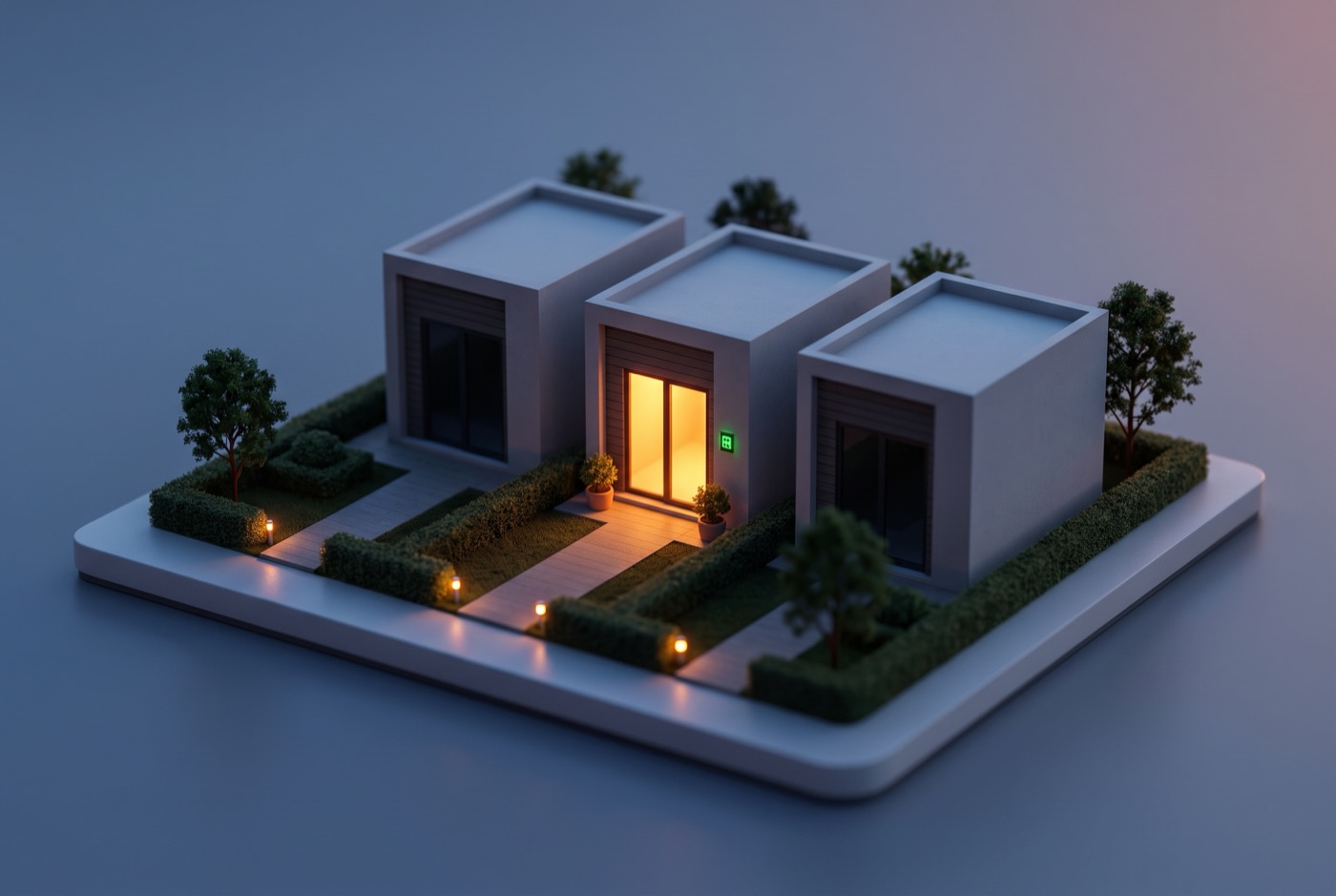 Diorama dreier Studio-Einheiten — die mittlere Tür beleuchtet, daneben ein grünes Zutritts-Licht