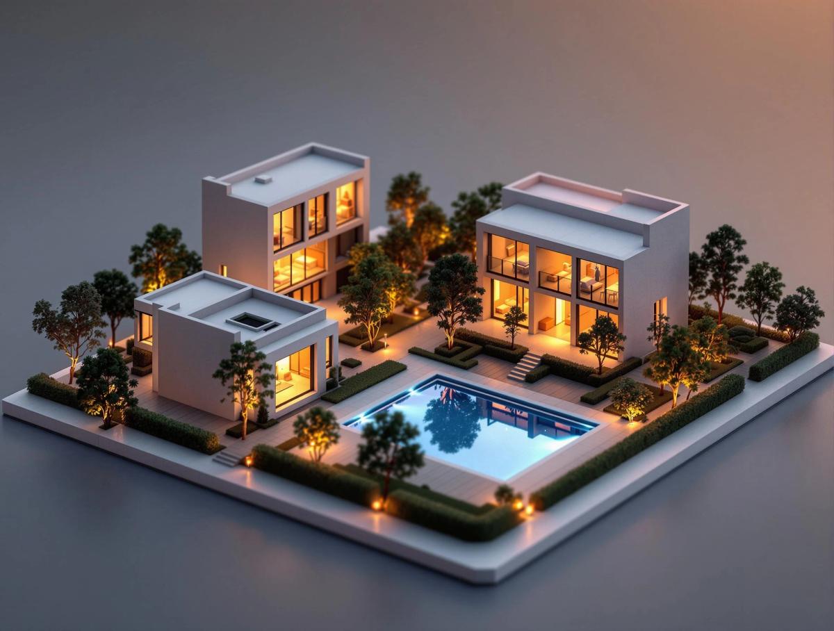 Visualisierung eines automatisierten Hotel-Ensembles bei Dämmerung