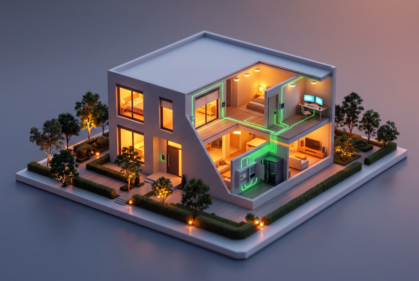 Diorama eines Smart Homes mit offener Fassade und grün leuchtenden Automationsleitungen
